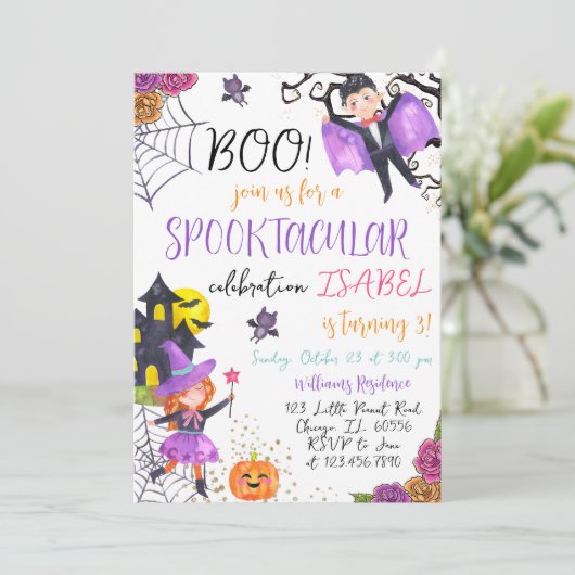 Invitation Anniversaire de l'Halloween violet Spooktaculaire (Debout devant)