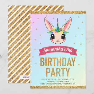 Invitation Anniversaire de Licorne de Lapin de Paillettes d'O