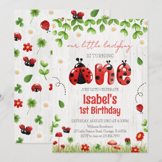Invitation Anniversaire de Little Ladybug (Devant / Derrière)