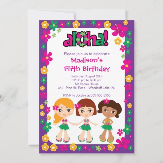 Invitation Anniversaire de Little Luau Pink violet (Devant)