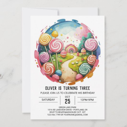 Invitation Anniversaire de Lollipop modifiable arc-en-ciel (Devant)