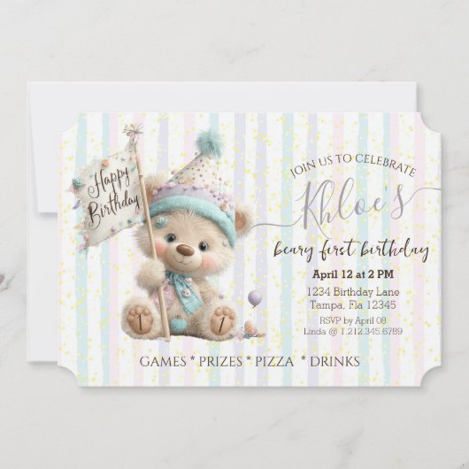 Invitation Anniversaire de l'ours en peluche pastel (Devant)