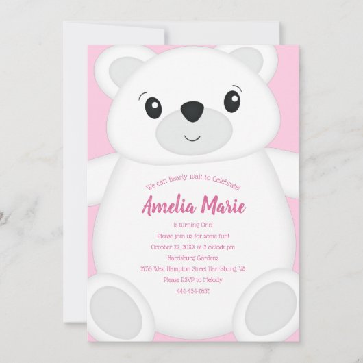 Invitation Anniversaire de l'Ours rose (Devant)