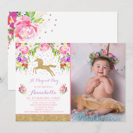 Invitation Anniversaire de l'Unicorne Pink Gold Un (Devant / Derrière)