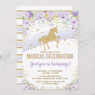 Invitation Anniversaire de l'Unicorne Purple Gold Rainbow