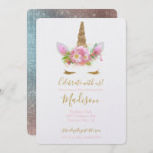 Invitation Anniversaire de l'Unicorne rose or (Devant / Derrière)