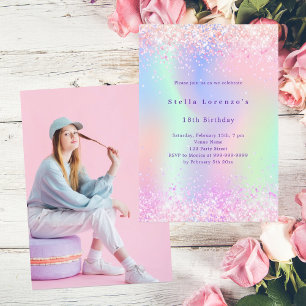 Invitation Anniversaire de luxe photo holographique rose