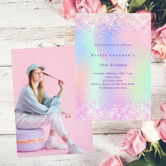 Invitation Anniversaire de luxe photo holographique rose