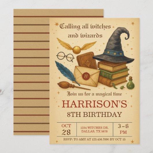 Invitation Anniversaire de Magicien et Sorcières Magiques (Devant / Derrière)