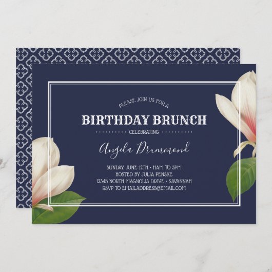 Invitation Anniversaire de Magnolia Sud Brunch Bleu (Devant / Derrière)