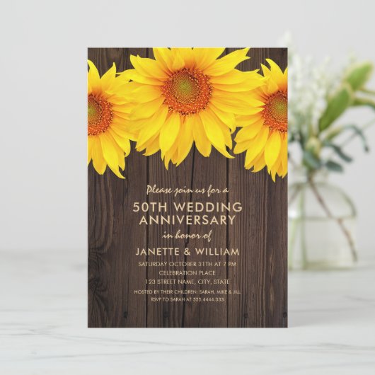 Invitation Anniversaire de mariage 50 ans Bois rustique Tourn (Debout devant)