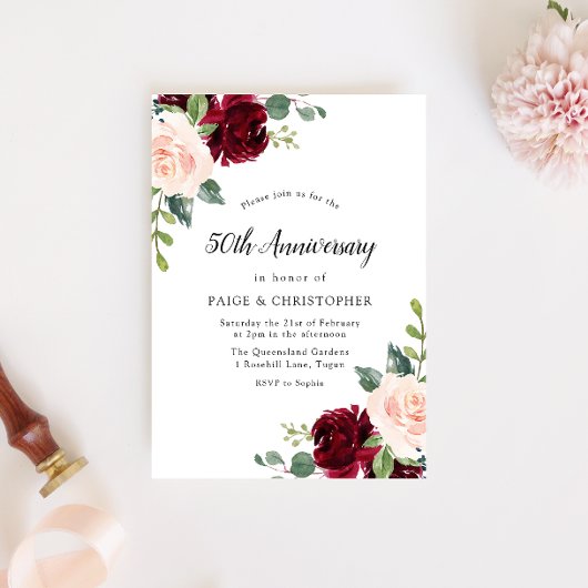 Invitation Anniversaire de Mariage 50 ans Floral Aquarelle Ro