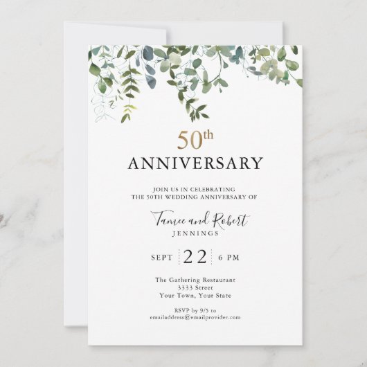 Invitation Anniversaire de mariage 50 ans Watercolor Greenery (Devant)