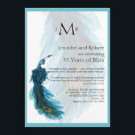 Invitation anniversaire de mariage à plumes de pao<br><div class="desc">Ce beau et élégant design, appelé Invitation anniversaire de mariage à plumes de paon bleu sarcelle, présente un fond blanc brillant avec une bordure de sarcelle. En arrière-plan se trouve une plume de queue de paon pâle avec une illustration de paon complet dans le coin inférieur droit. Ce serait parfait...</div>