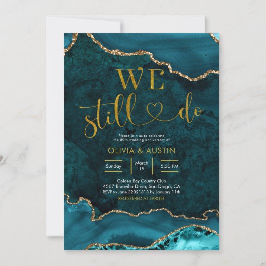 Invitation Anniversaire de mariage Agate sarcelle et or (Devant)