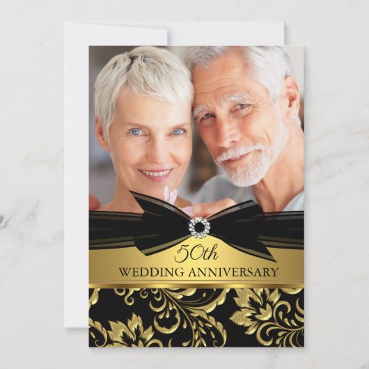 Invitation Anniversaire de mariage Black Gold Damask Photo (Devant)
