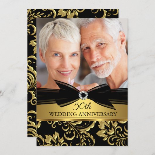 Invitation Anniversaire de mariage Black Gold Damask Photo (Devant / Derrière)