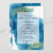 Invitation Anniversaire de mariage bleu et or à l'aquarelle 5 (Devant / Derrière)
