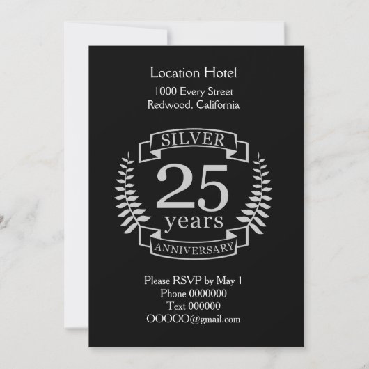 Invitation Anniversaire de mariage d'argent 25 ans (Dos)