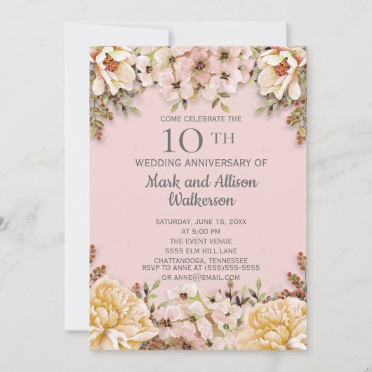 Invitation Anniversaire de mariage de 10 ans à fleurs d'ivoir (Devant)