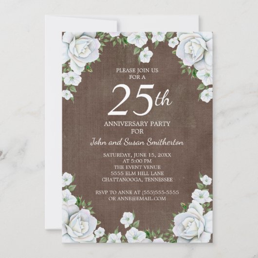 Invitation Anniversaire de mariage de 25 ans à fleurs marron  (Devant)