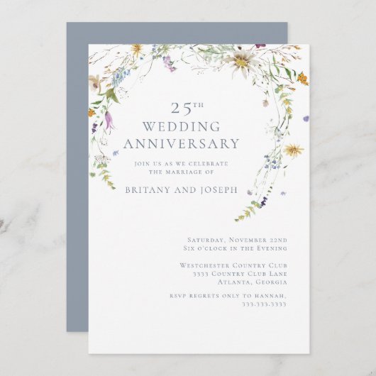 Invitation Anniversaire de mariage de 25 ans Fleur bleue de f (Devant / Derrière)