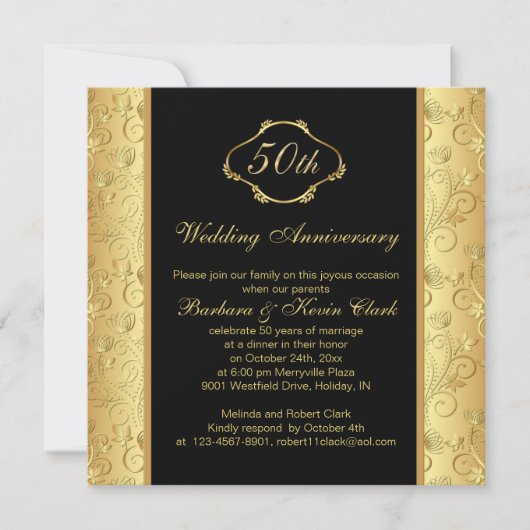 Invitation Anniversaire de mariage de 50 ans floral or noir (Devant)