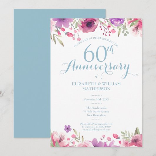 Invitation Anniversaire de mariage de 60 ans aquarelle floral (Devant / Derrière)