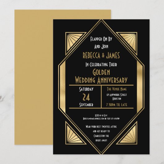 Invitation Anniversaire de Mariage de Style Art Déco Doré (Devant / Derrière)