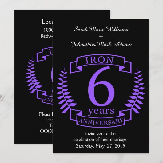 Invitation Anniversaire de mariage en fer 6 ans (Devant / Derrière)