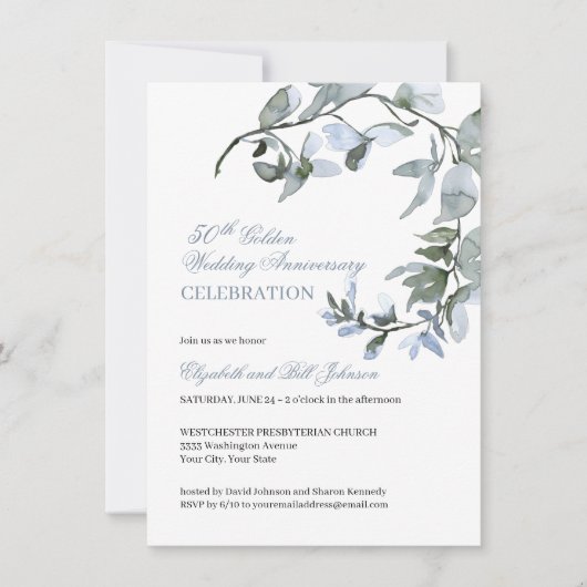 Invitation Anniversaire de mariage - Floral Bleu Aquarelle 50 (Devant)