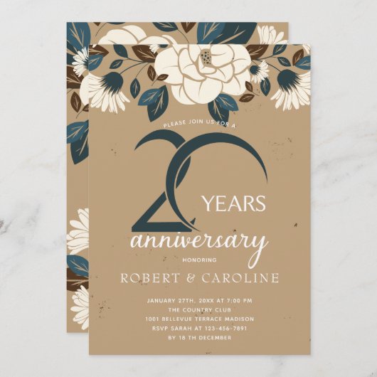 Invitation Anniversaire de Mariage Floral Rustique 20 ans (Devant / Derrière)