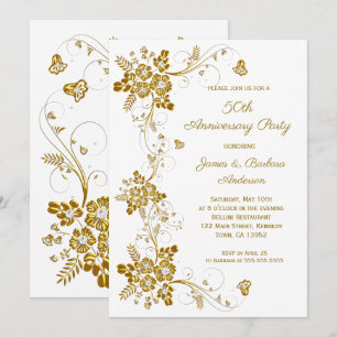 Invitation Anniversaire de mariage Or diamant floral blanc