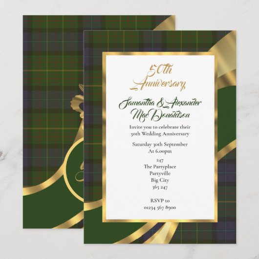 Invitation Anniversaire de mariage or tartan vert (Devant / Derrière)