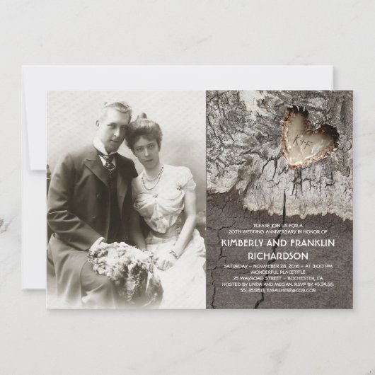 Invitation Anniversaire de mariage photo en bois rustique cœu (Devant)