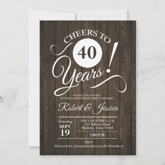Invitation Anniversaire de mariage rustique de 40 ans - Bois (Devant)