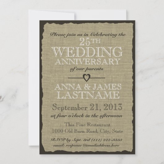 Invitation Anniversaire de Mariage Toile Burlap Rustique (Devant)