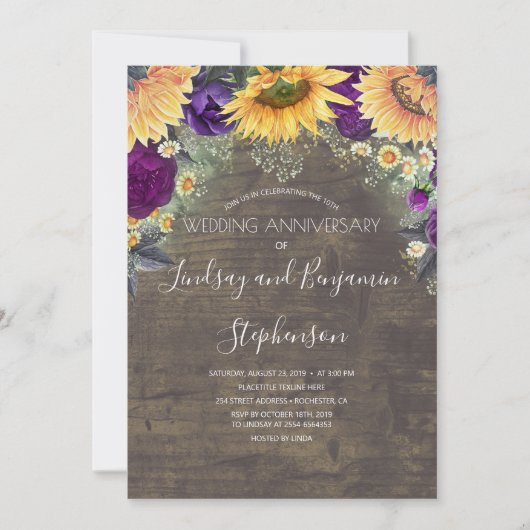 Invitation Anniversaire de mariage tournesol et rose violette (Devant)