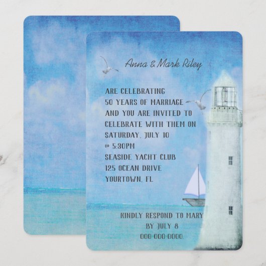 Invitation anniversaire de mariage-voilier et phare océanique (Devant / Derrière)
