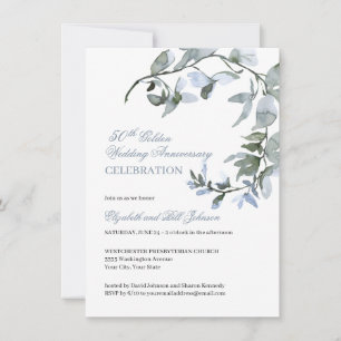 Invitation Anniversaire de mariage Watercolor Blue Floral 50