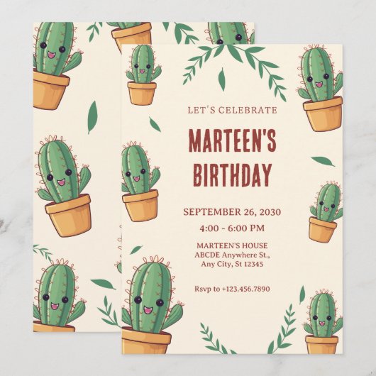 Invitation Anniversaire de mignonne Cactus (Devant / Derrière)