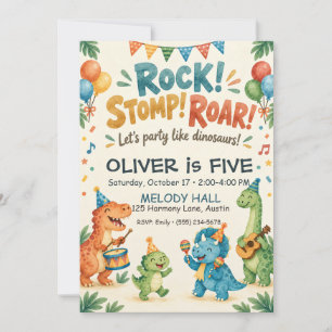 Invitation Anniversaire de musique de dinosaure à l'aquarelle