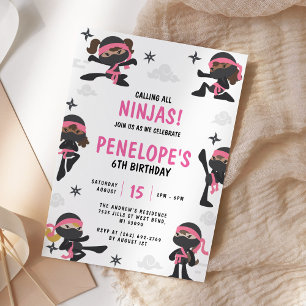 Invitation Anniversaire de Ninja Warrior Karaté Fille Rose