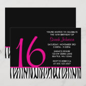 Invitation Anniversaire de nombre du bonbon 16 à zèbre de (Devant / Derrière)