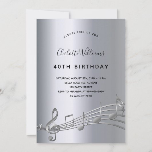 Invitation Anniversaire de notes musicales d'argent (Devant)