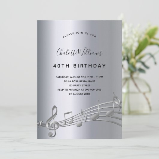 Invitation Anniversaire de notes musicales d'argent (Debout devant)