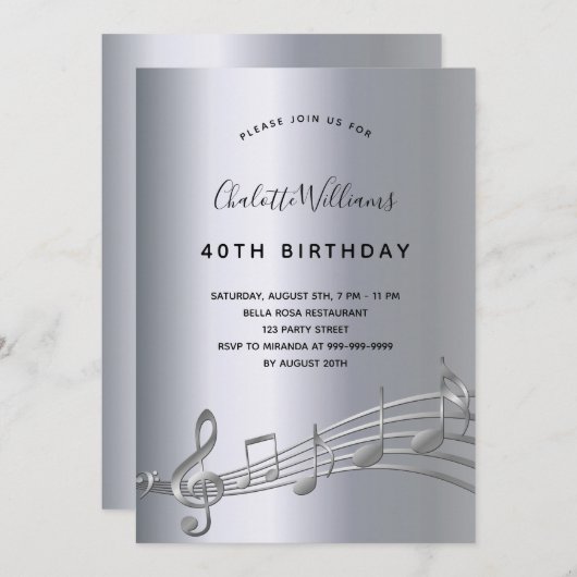 Invitation Anniversaire de notes musicales d'argent (Devant / Derrière)