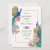 Invitation Anniversaire de paon de fleurs artistiques (Devant)