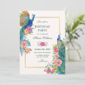 Invitation Anniversaire de paon de fleurs artistiques (Debout devant)