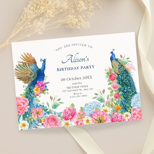 Invitation Anniversaire de paon d'oiseau floral